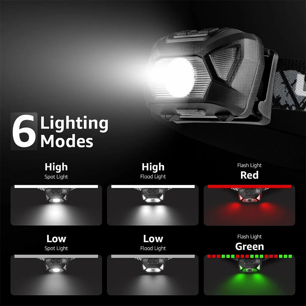 6 Modi Usb Oplaadbare Koplamp Ipx4 Waterdichte Koplamp Zaklampen Led Koplamp Met Rood Groen Licht Voor Buitenvissen
