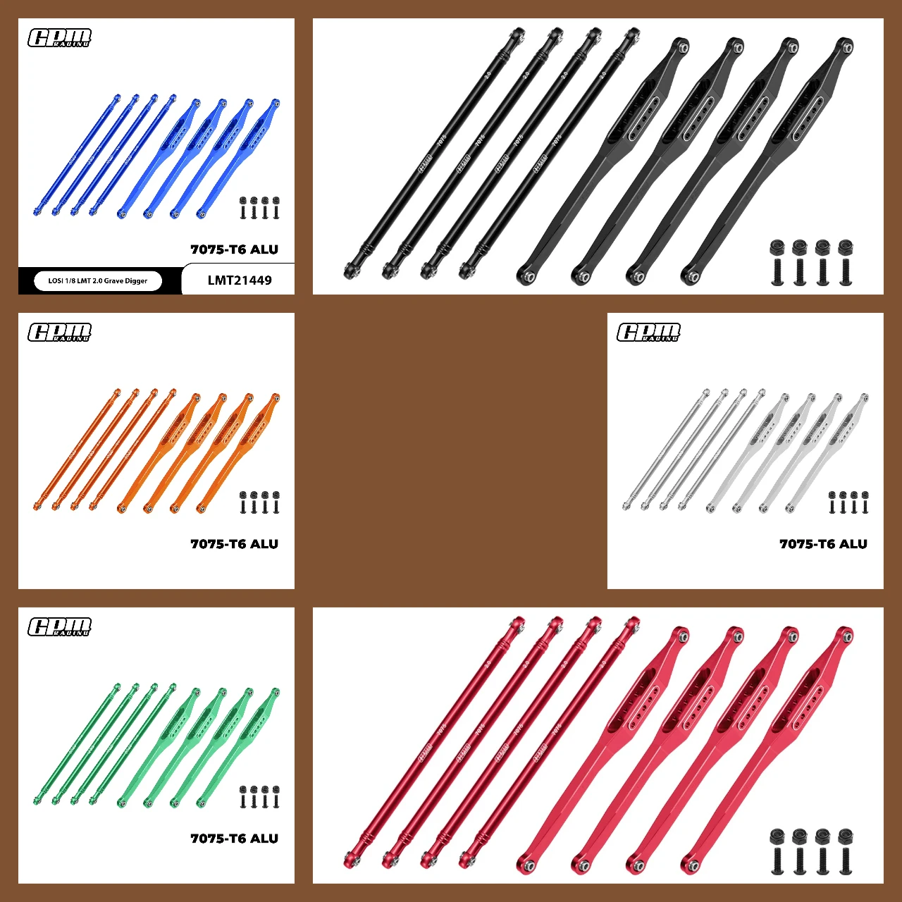 

GPM 7075-T6 Alloy Upper & Lower Link Bar Set For LOSI 1/8 LMT 2.0 Grave Digger LOS244012+LOS244013