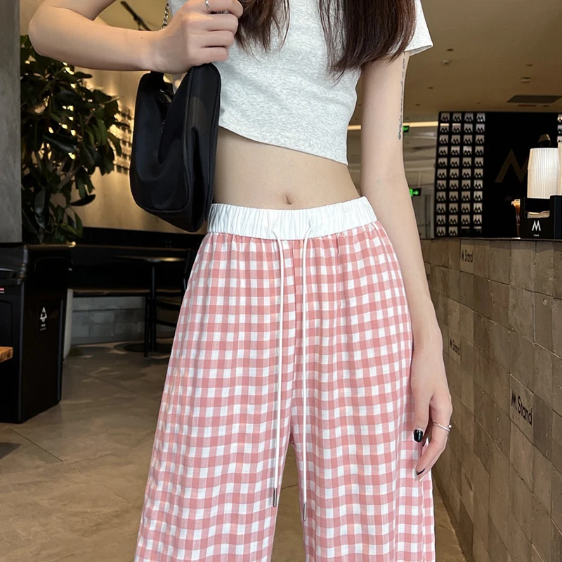 024 New Arrival Summer Women All-matched Korean Style Ankle-length Pants Casual Loose Fit Elastic Waist Plaid Straight Pants V47