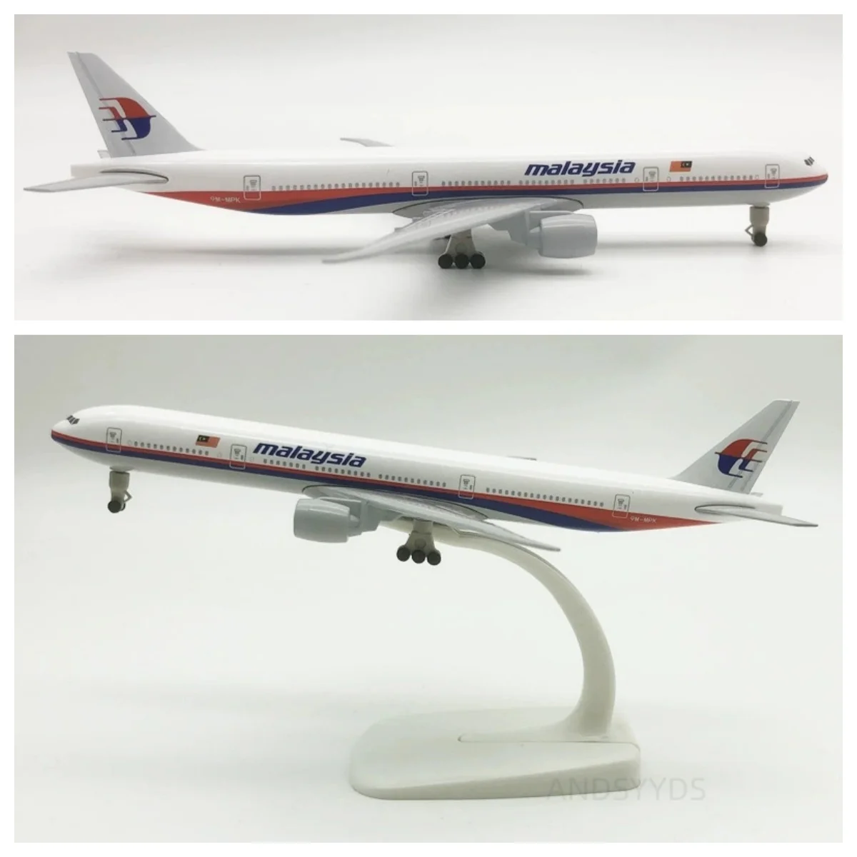Modèle d'avion Malaysia Airlines B777 de 20 cm, jouets pour garçon 	 Modèle d'avion miniature avec roues et base, jouet souvenir