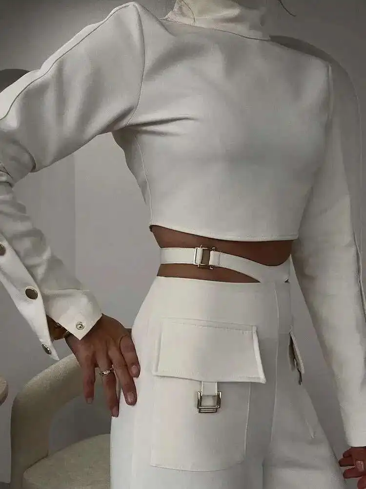 Tweedelige set met gekruiste kleuren en lange mouwen met hoge kraag ​   Effen damesbroek met wijde pijpen, kantoorkleding