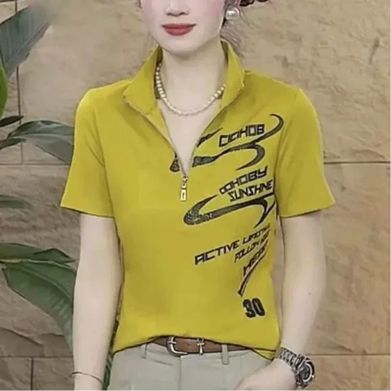 Yellow Stand Collar Short Sleeve T-Shirt With Zipper And Letter Print For Women Casual Office Wear Slim Fit Style