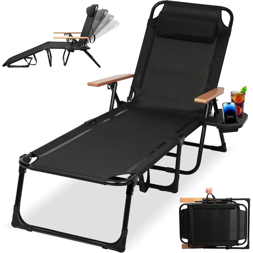 

Adjustable 4-Position Backrest Lounge Chair with Arms, Extended Sunbathing Pillow and Cup Holder, Ideal for Patio, Beach, and Po