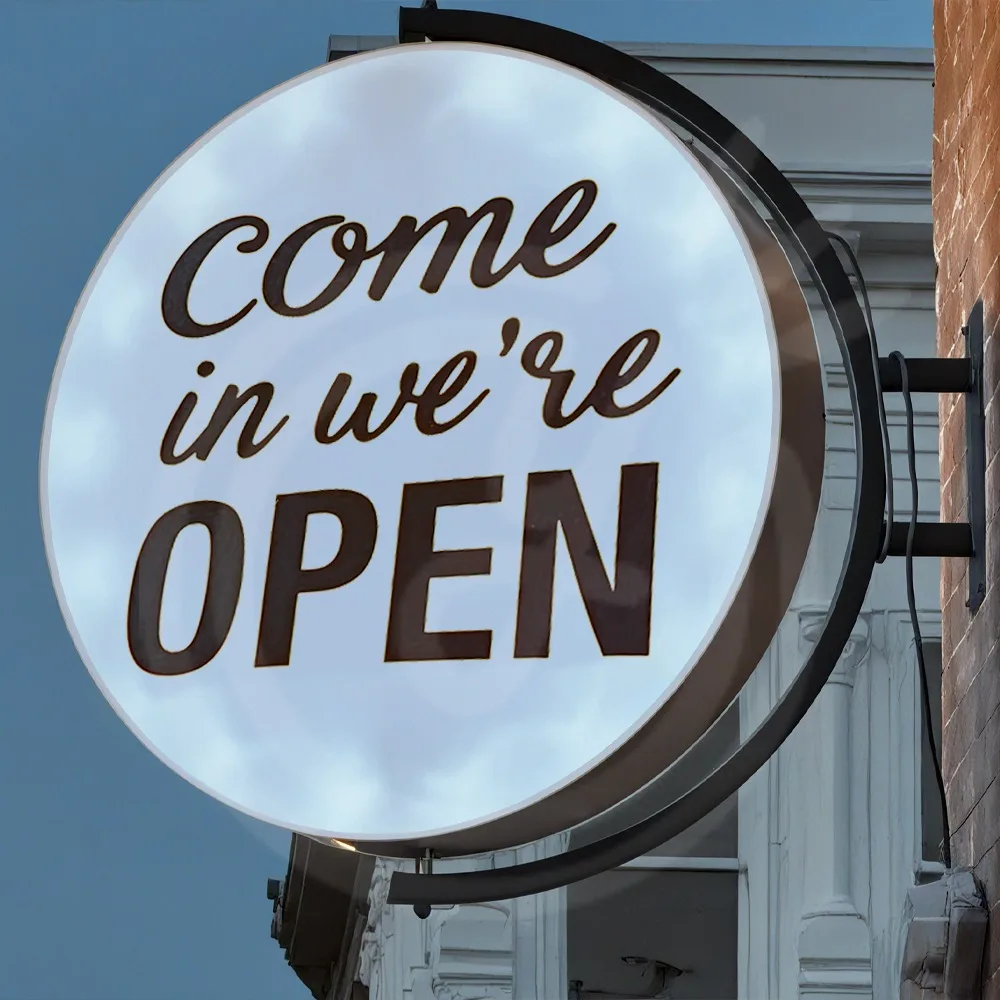 맞춤형 360도 회전 라이트 박스 아크릴 LED 매장 전면용 양면 원형 박스 야외 방수 걸이 간판