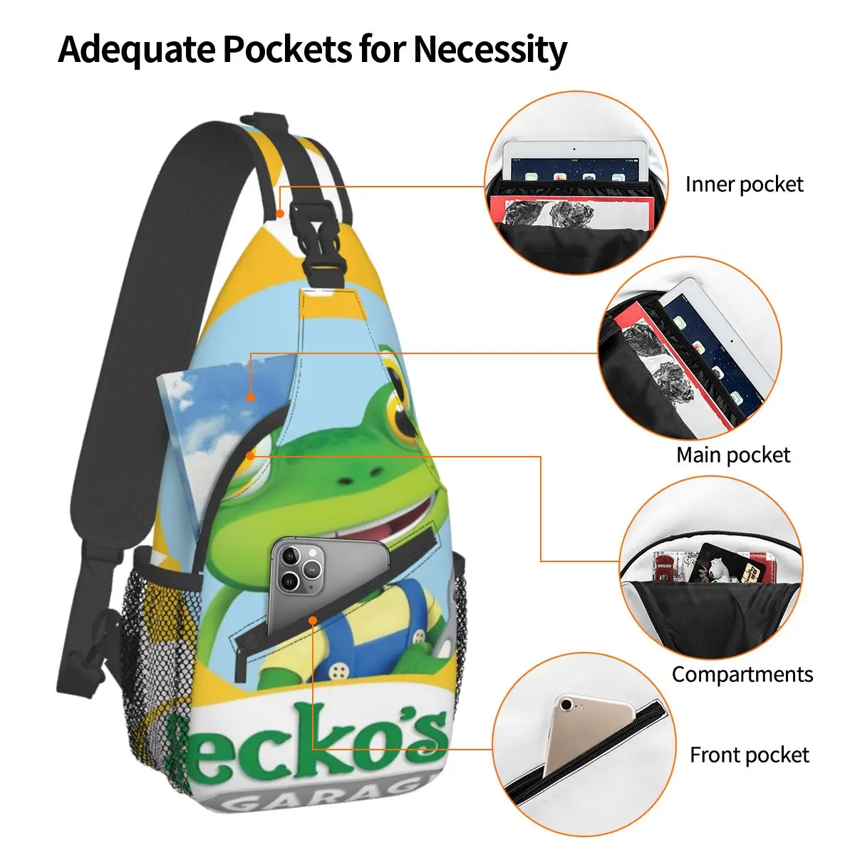 Geckos Garage Kids Gecko\'s Gg Greeting Chest Bag Modern With Zipper Mesh Bag School Cross chest bag Multi-Style