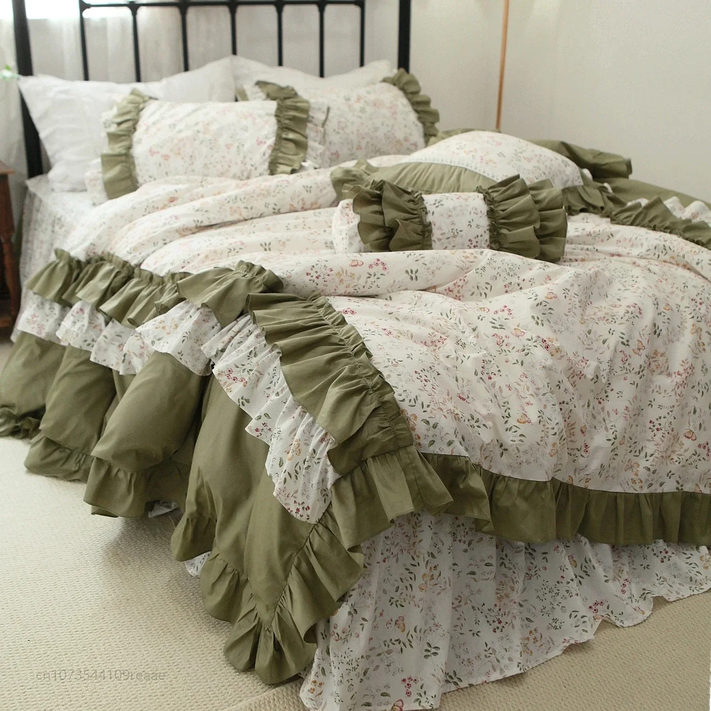 Butterfly Floral French Korean Princess Ruffled Cotton Bed Skirt Quilt Cover Set 4Pcs