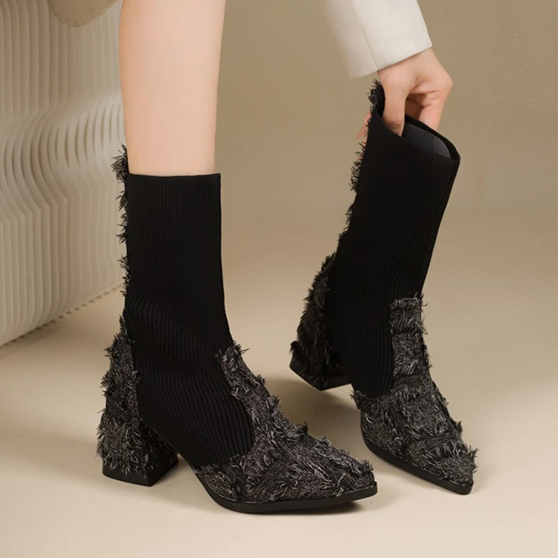

Designer 2025 New Women Ankle Boots Fashion High Heels Shoes Elegant Winter Pointed Toe Chunky Shoes Party Brand Pumps Botas
