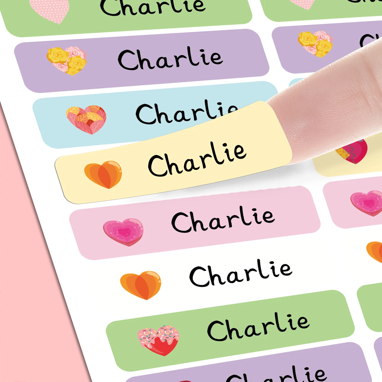 개인화된 하트 모양 이름표 스티커 방수 라벨 학교 용품 물병 도시락 상자 문구류 디자인