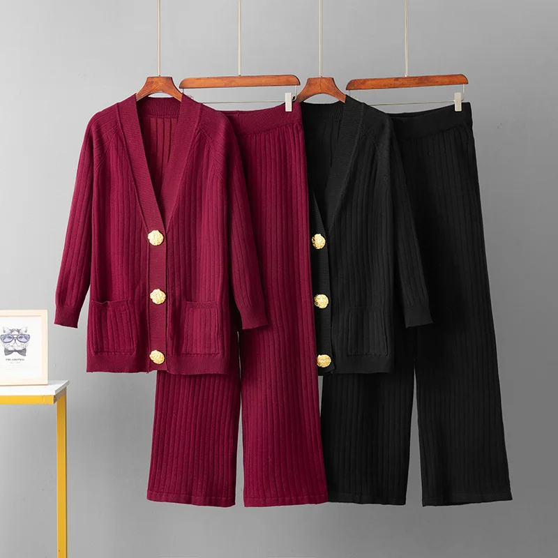 Autumn Winter knitted Pants Suit New Fashion Metal Button Cardigan Wide Leg Pants Knit Long Coat Women 2-piece Set Elegant Woman