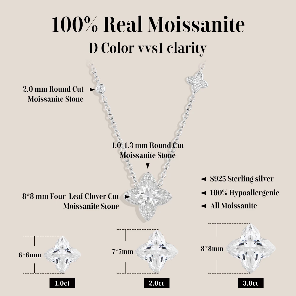 MINTYBOX Clover Cut 3.0CT Moissanite Necklaces for Women S925 Sterling Silver Dainty Engagement Wedding Fine Jewelry Party Gifts