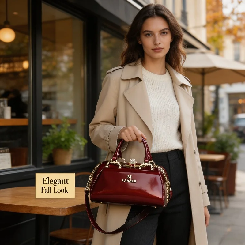 Women Glossy Patent Leather Boston Handbag Rhinestone Ball Lock Gold Chain Decor Detachable Strap Top Handle Crossbody Purse