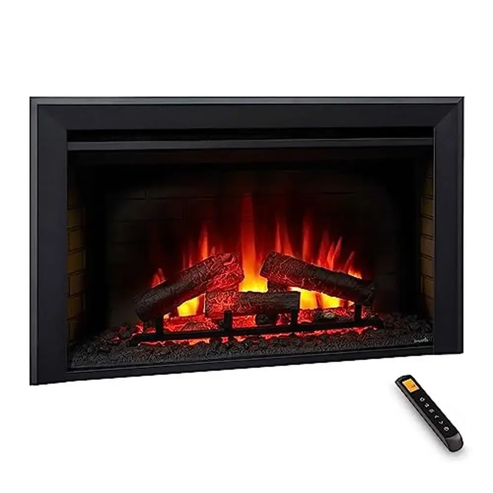 35-Inch Electric Fireplace with Textured Log Set Masonry Style Interior 4 Flame Intensity Settings Integrated Heater Classic