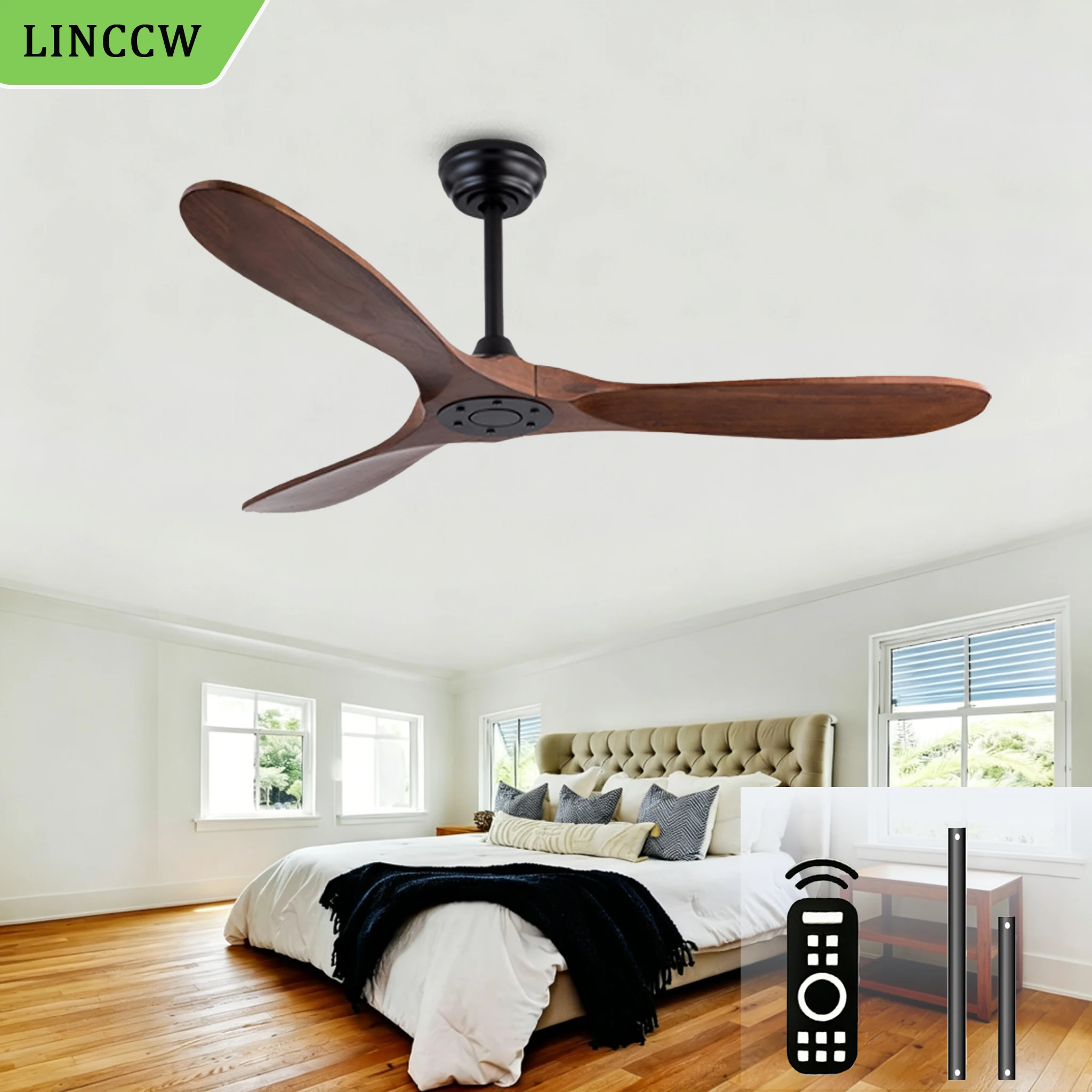 42 52 60 Inch Solid Wood Ceiling Fan DC Motor Silent Reversible Ceiling Fan Remote Control Living Room Bedroom Electric Fans