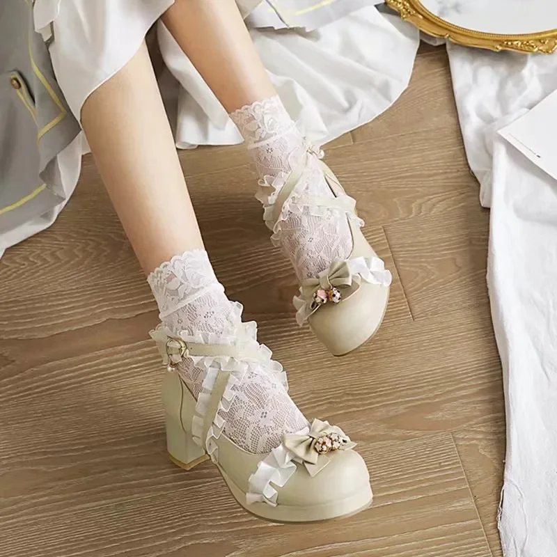 2024 Vrouwen Hoge Hakken Dwarsband Mary Jane Pumps Feest Bruiloft Wit Roze Zwart Ruches Strik Prinses Cosplay Lolita Schoenen 31-43