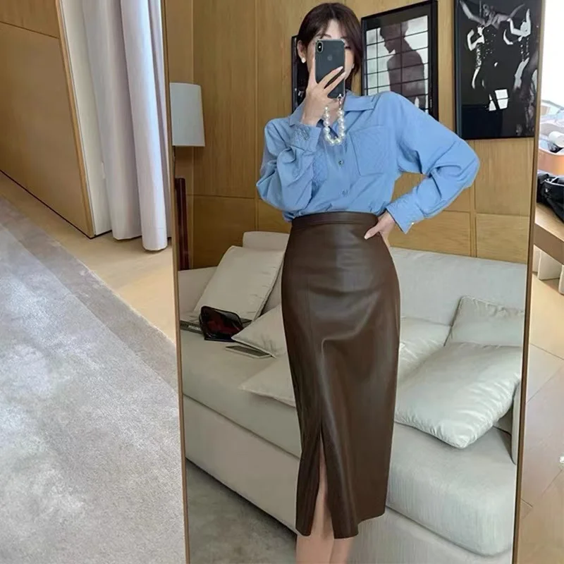 

Новая осенне-зимняя юбка из натуральной овчины и кожи, А-силуэт, со средней талией, для женщин, однотонная, удобная для повседневной носки