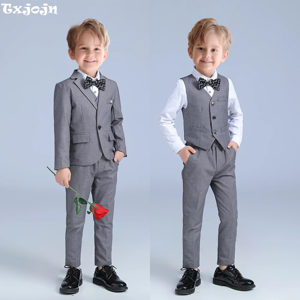 2025 Formal Boys Slim Fit Dresswear Suits For Speech Contest Piano Performance Classic Grey Kids 4 Pieces School Activities