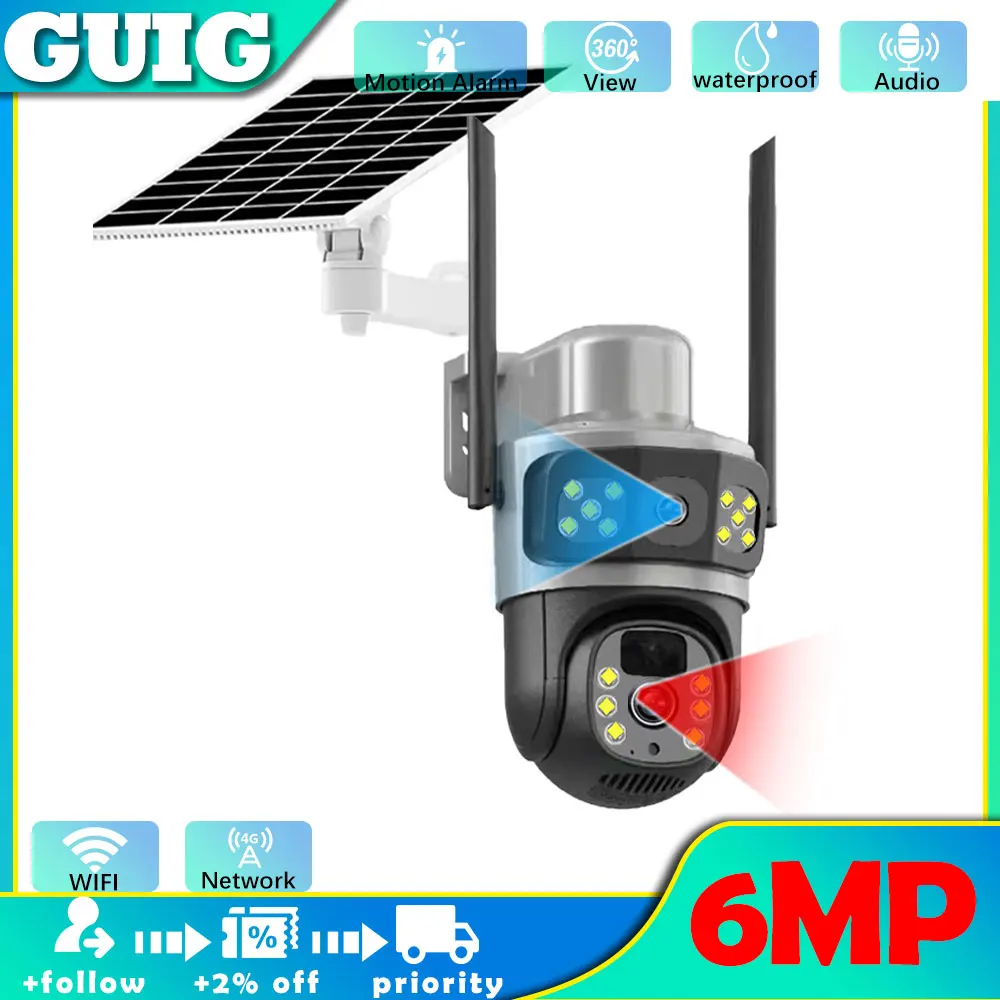 

6MP 4GWIFI PTZ rotation Dual-lens solar camera IP66 waterproof PIR body motion detection two-way audio night vision solar camera