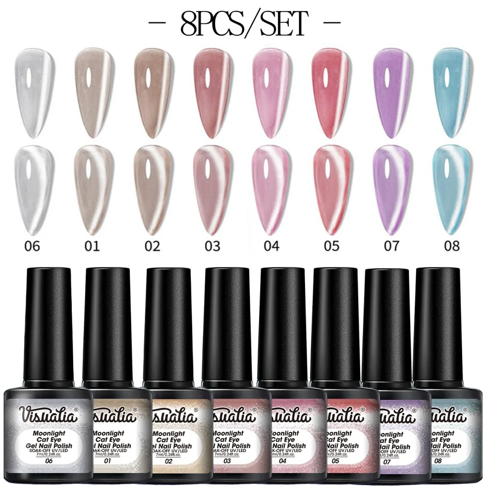 Visuatia Moonlight Cat Eye Nail Polish Gel 8-Piece Set Fine Magnetic Powder Can Create a Bright Light Effect, Forming a Transparent, Glossy, and Soft Film for a Minimalist Nail Art