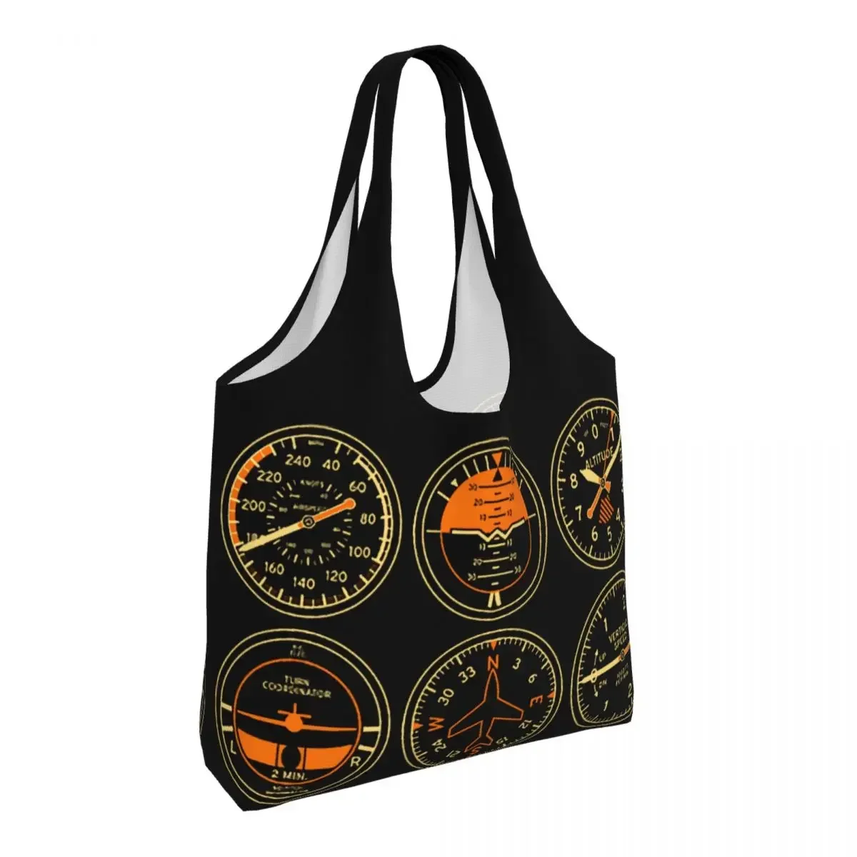 Cockpit Six Dials Flight Simulator Pilot Grocery Shopping BagsCanvas Shopper Tote Shoulder Bags Large Capacity Washable Handbag