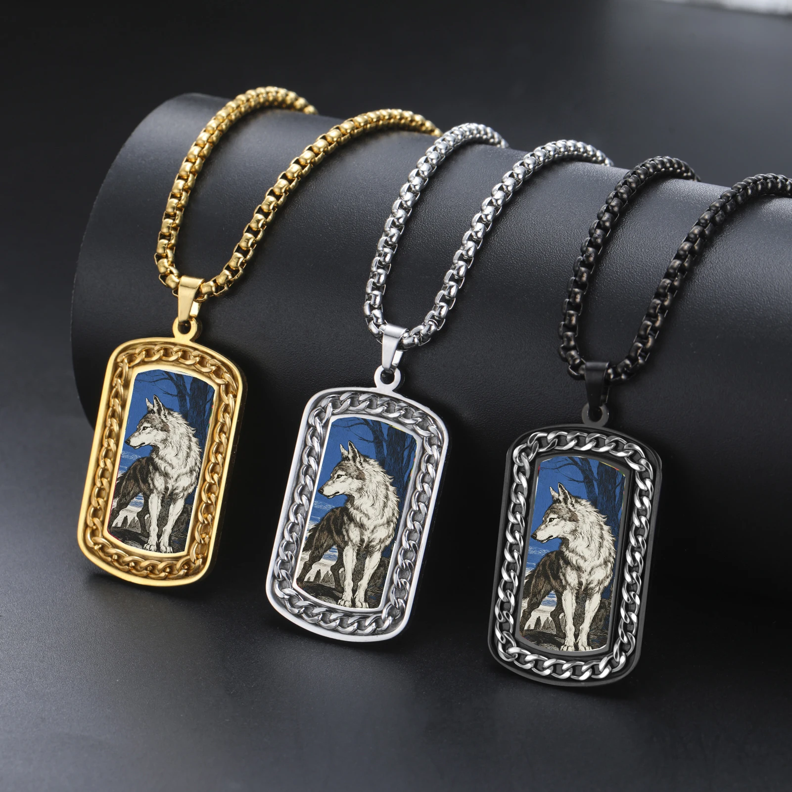 

White Wolf Chain Border Pendant Necklace UV Color Printed Stainless Steel Necklace Jewelry Box Chain for Men Gift