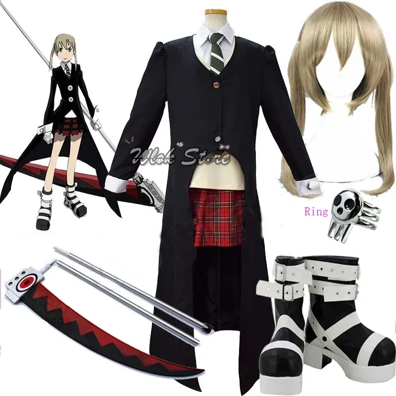 

Anime Soul Eater Maka Albarn Cosplay Costumes for Women Girls Skirt Set Trench Uniform Maka Albarn Cosplay Party Boots Shoes Wig