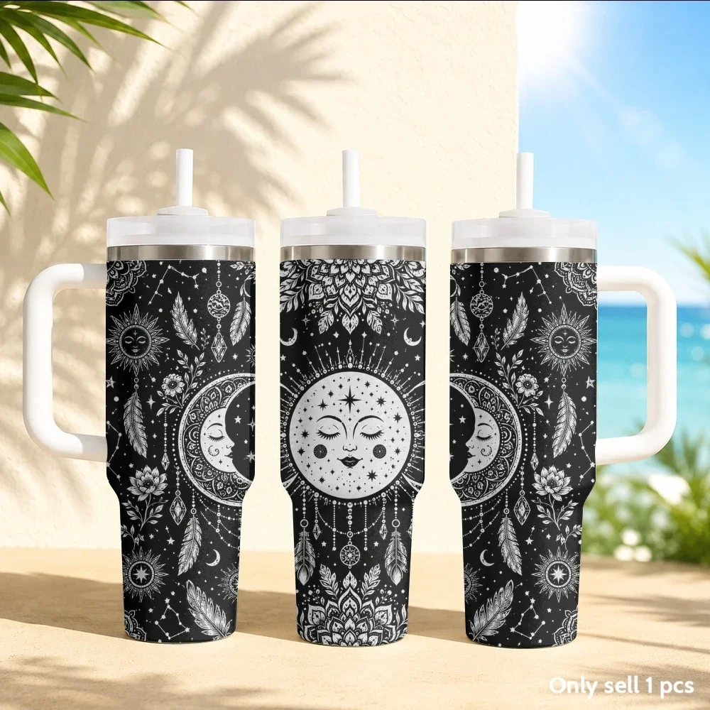 Mystical Night Moon Black White Vacuum Flasks 40oz Stainless Steel Insulated Tumbler with Handle & Straw Leakproof Travel Mugorders for other colors will be shipped randomly in black or white