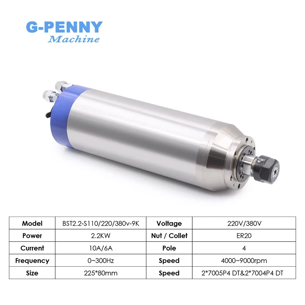 G-PENNY 2.2KW ER20 80mm Water cooled spindle motor 220v/380v Metal working 4000-9000rpm, 2.2KW BD600/BD612 Inverter kit