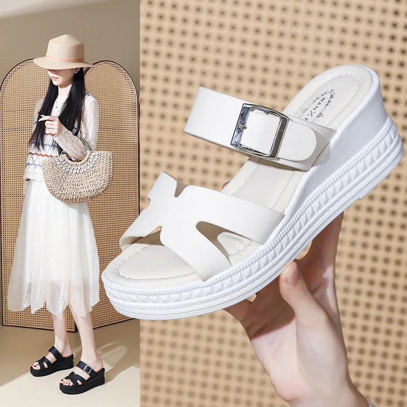 Women Wedge Thick Sole Slide Sandals Fashion Buckle Casual Height Increase Slip On Outdoor Ladies Shoes