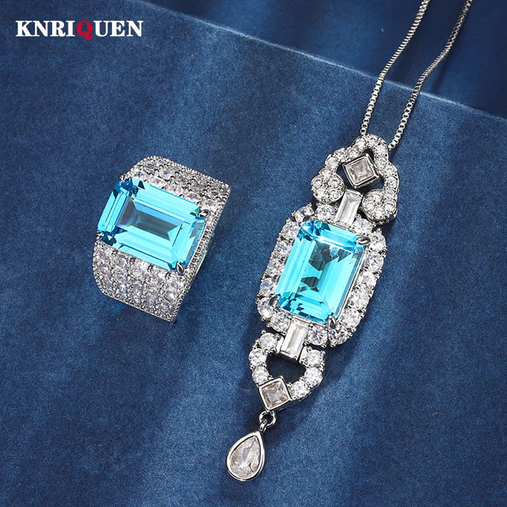 

Charms 10*14MM Aquamarine High Carbon Diamond Pendant Necklace Rings for Women Wedding Bands Party Fine Jewelry Sets Accessories