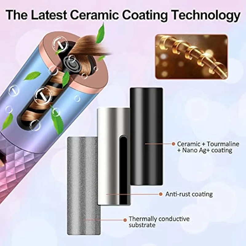 Automatic Curling Iron, Cordless Auto Hair Curler Portable Rotating Curling Wave Wand Styling Tool Auto Shut Off