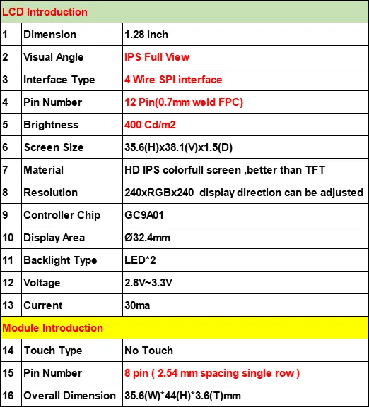 DC 3,3 V 1,28 Zoll TFT LCD Display Modul Runde RGB 240*240 GC9A01 Treiber 4 Draht SPI Schnittstelle 240x240 Auflösung Adapter PCB – Detail 1