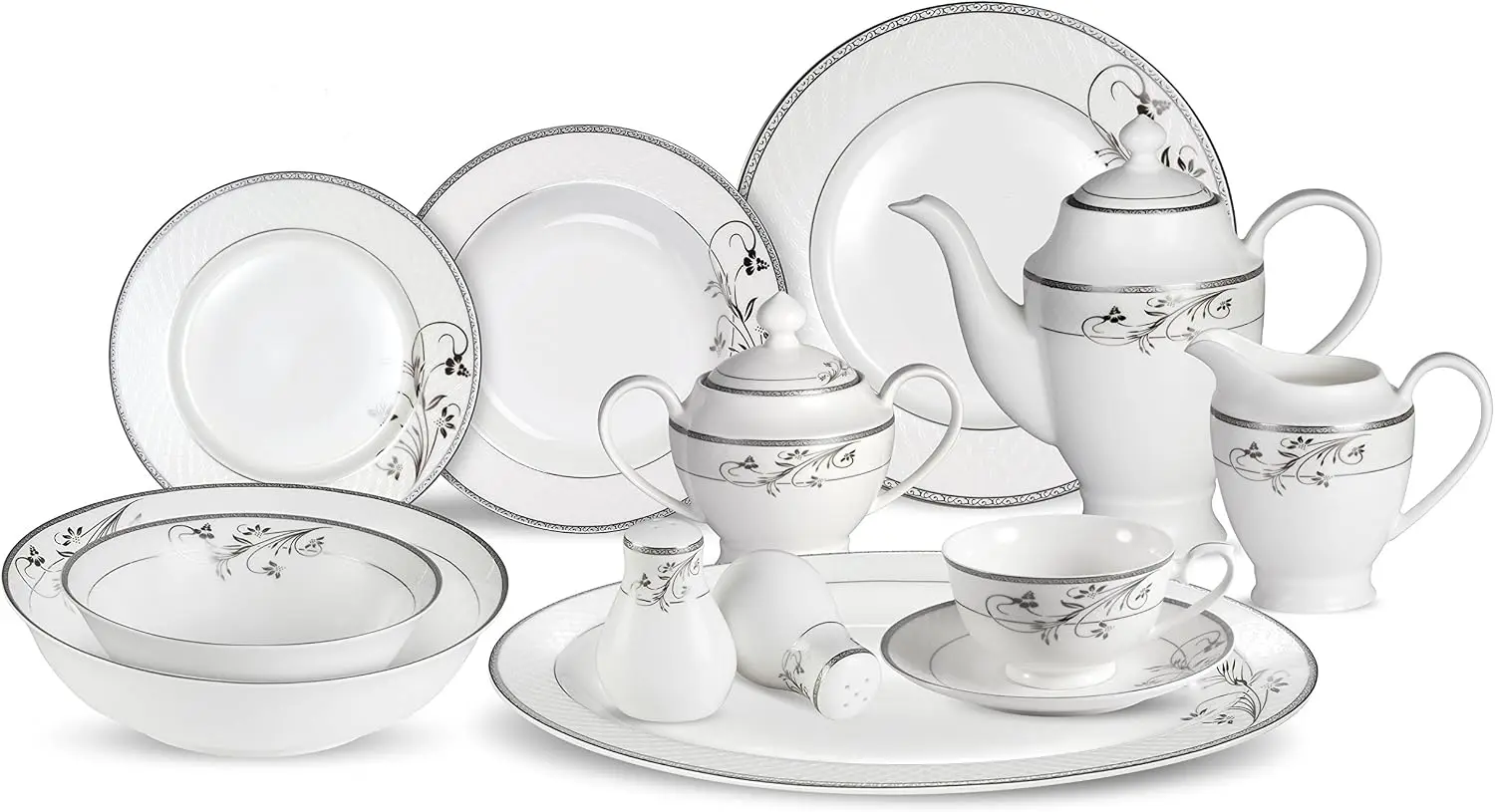 Elegant 57-Piece Bone China Dinnerware Set with Service for 8, Silver