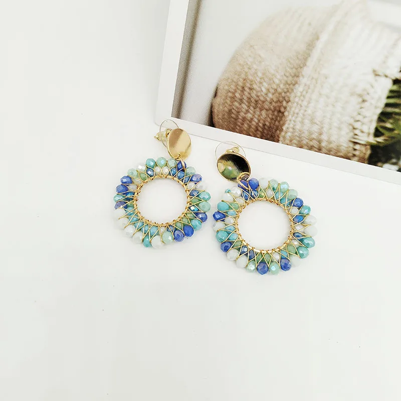 Beaded earrings Circle Retro  Crystal Originality Double-deck Hand knitting Bohemia Alloy Tide Simple Rice bead earrings