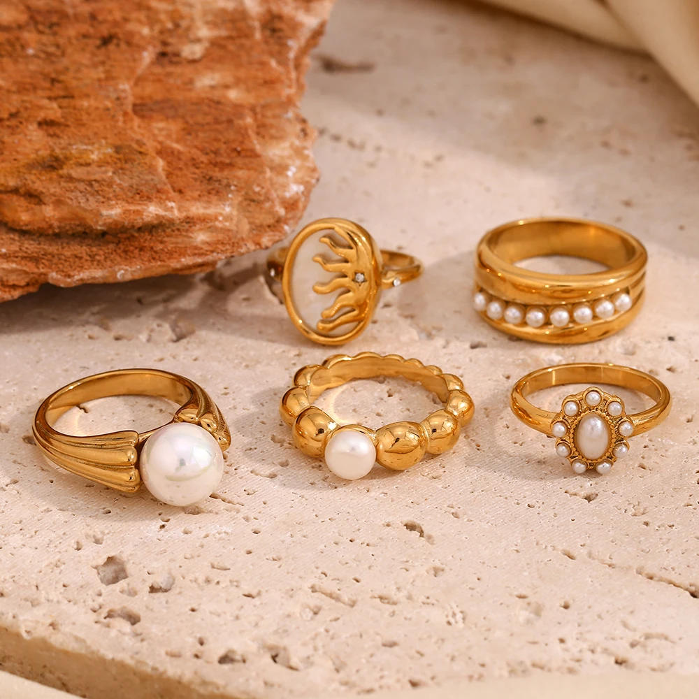E.B.belle Elegant Imitation Pearl Series Rings 5 Style Stainless Steel 18K Gold Plated Waterproof Hypoallergenic For Women