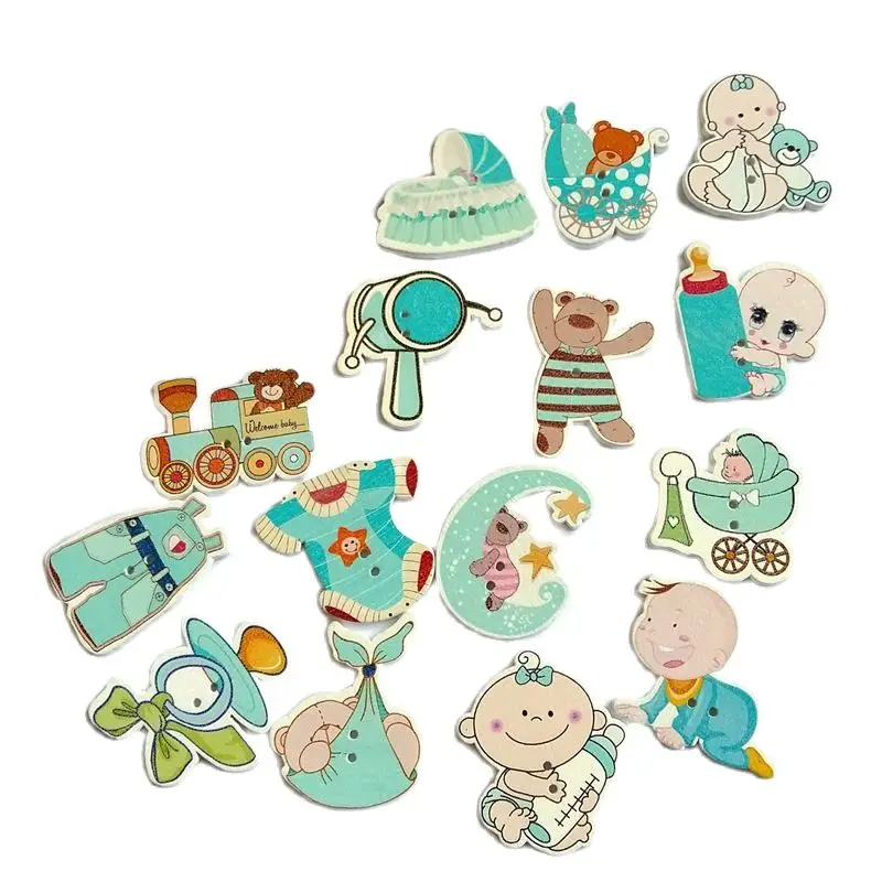 40pcs Decorative baby Buttons Lovely cartoon Wood Buttons for Craft Sewing Scrapbooking Random mixed style 2 Holes buttons