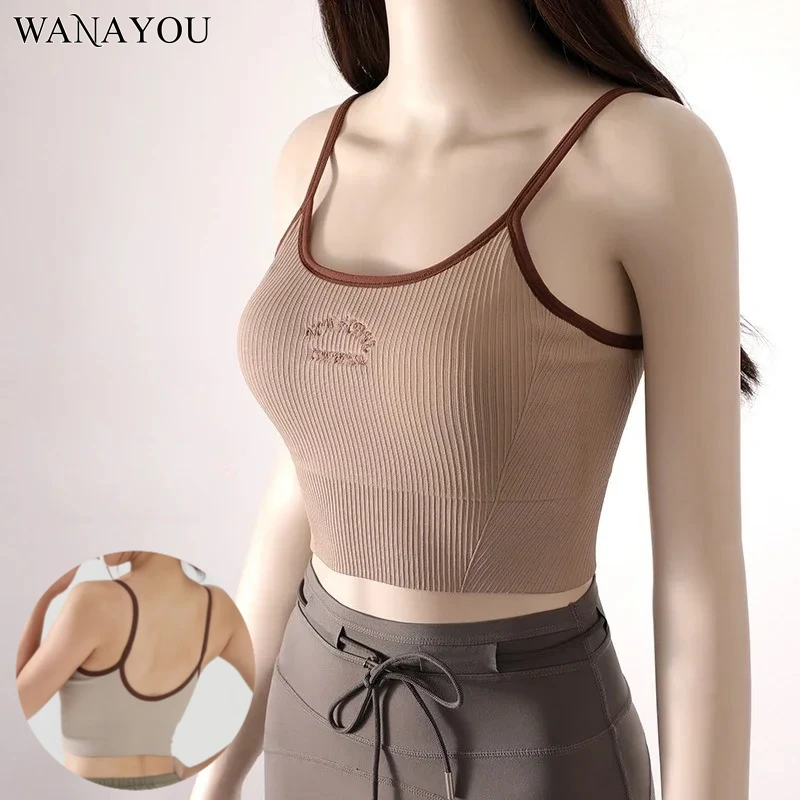 

WANAYOU Women's Yoga Bra Color Contrast Sports Top with Built-in Padding, Fitness Vest, Ribbed U Back, Exercise Running Top