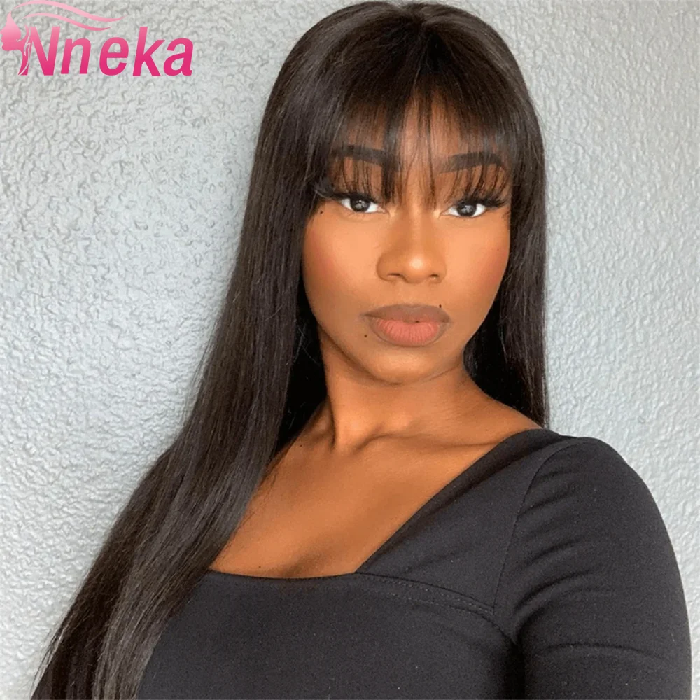 34 Inch Bone Straight Human Hair With Banges For Women Brazilian 3x1 Lace Wigs Gluless Wig Human Hair Natural Black Color