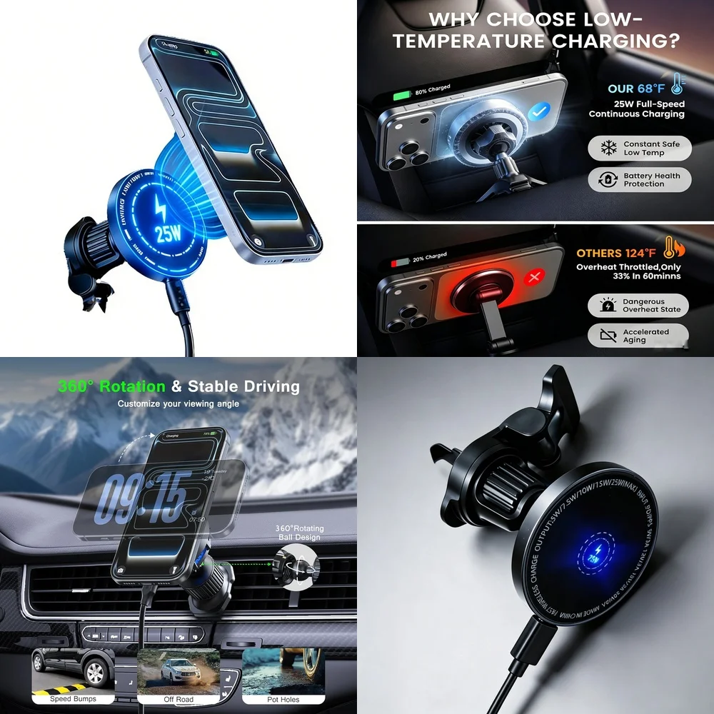25W Magnetic Wireless Car Charger Air Vent 360 Rotation Fast Charge Holder Low Temp for iPhone 17 16 15 Samsung Galaxy S26 Ultra