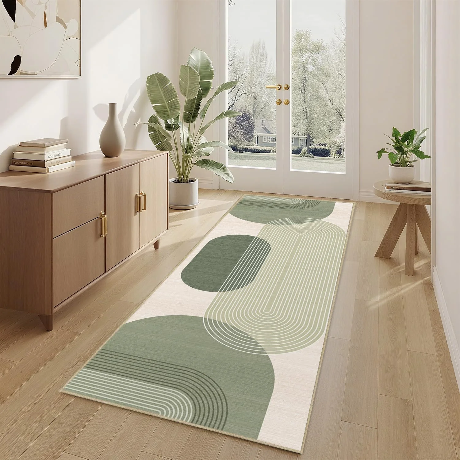 Printed Rug Abstract - VIKAMA Cream Base Two-Tone Green Abstract