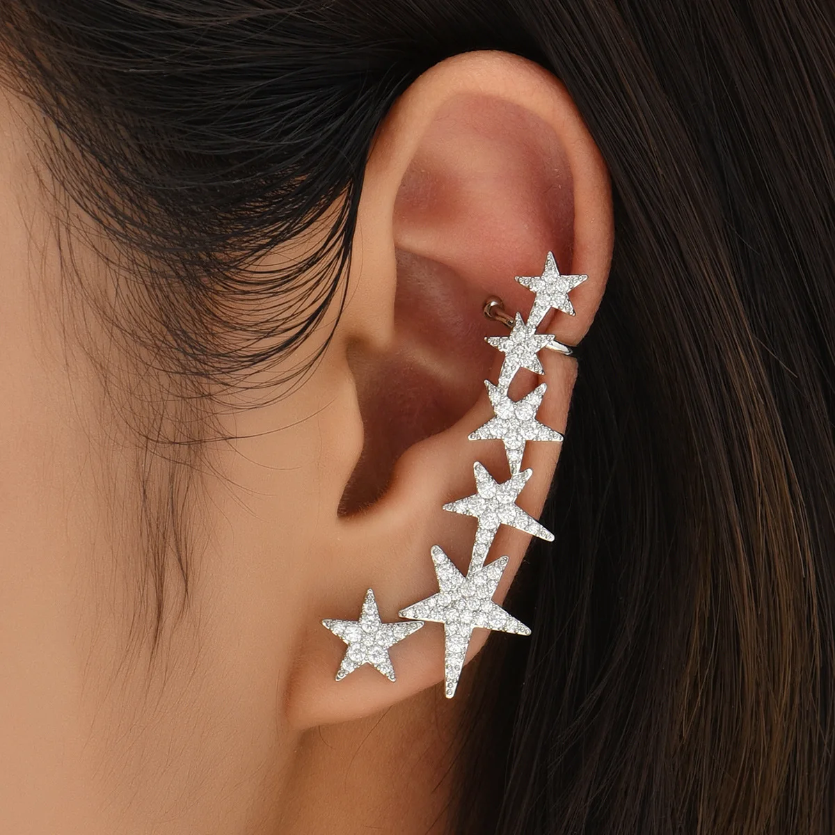 

JF2023 New AB Asymmetrical Five Star Ear Studs Earbone Clip One Star Light Luxury Personalized Cross border Earring Clip