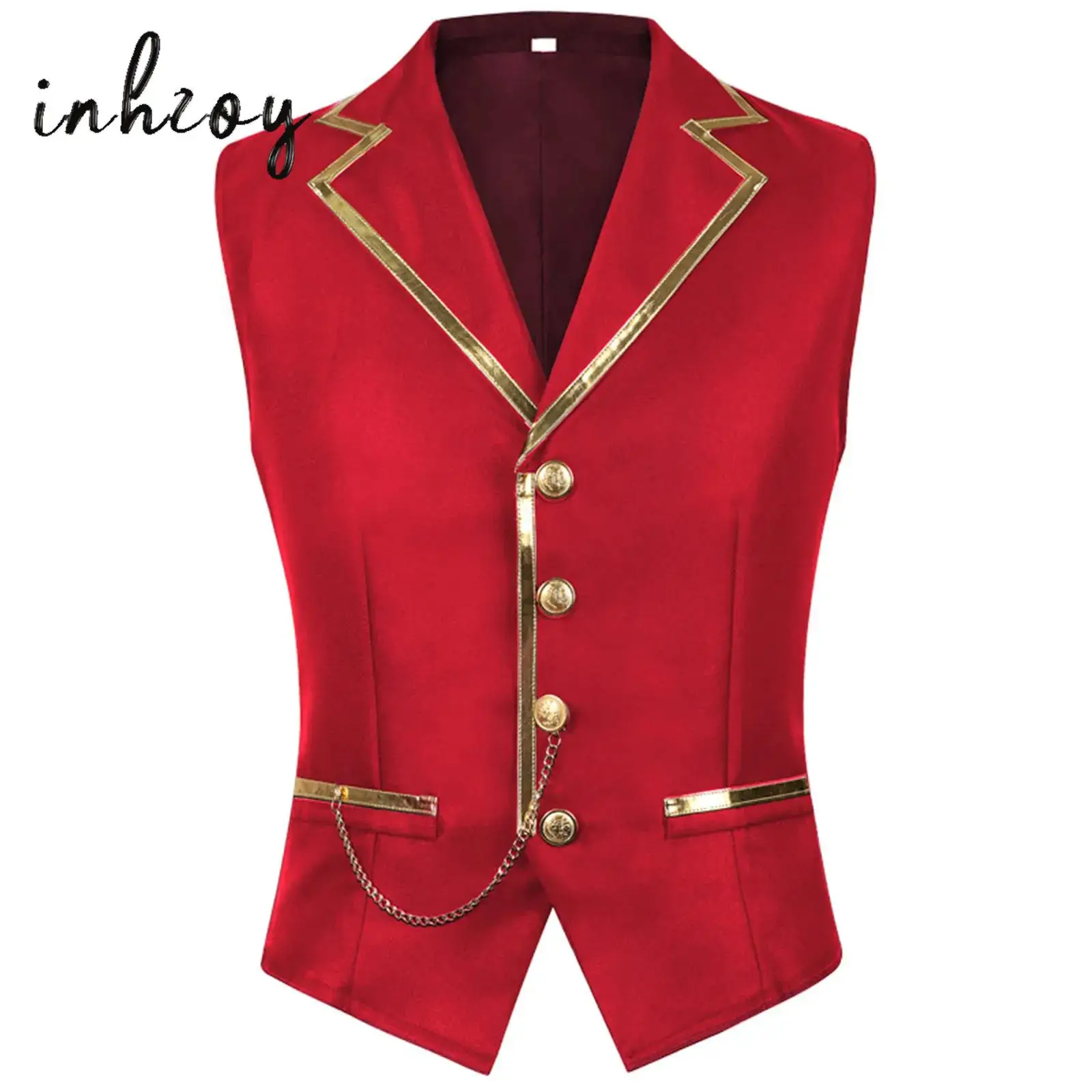 

Mens Steampunk Waistcoat Gentleman Vest Metallic Shiny Trim Chain Front Button Tank Top for Halloween Gothic Party Cocktails