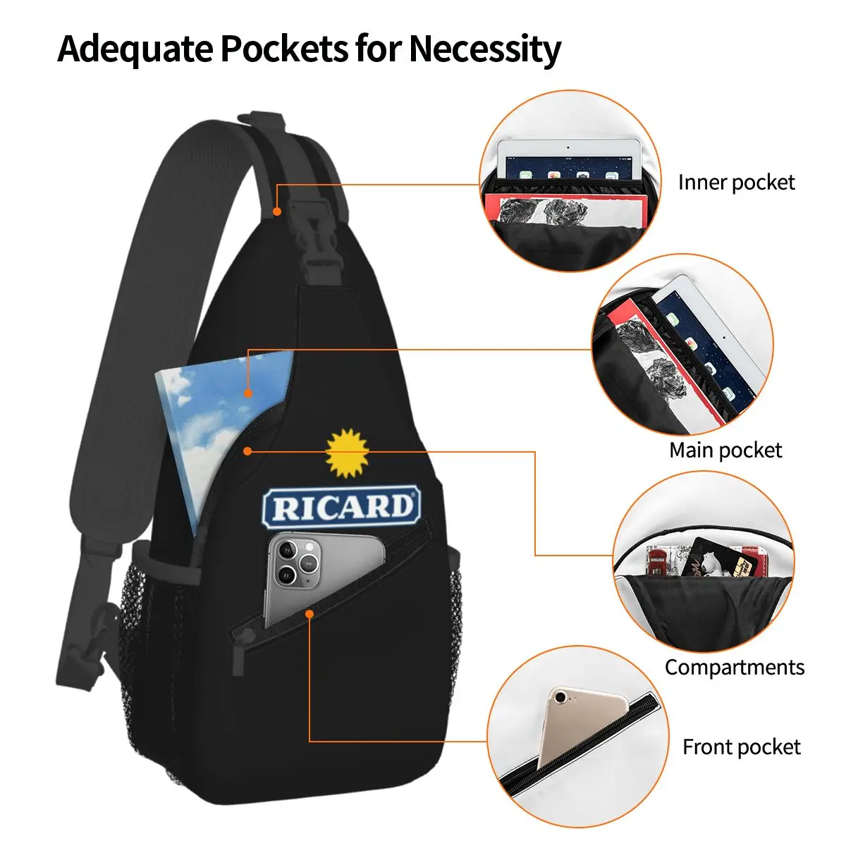 Ricard-Merch-Logo Sling Backpack pour homme, sac à dos à bandoulière, sac de poitrine de voyage, sac à dos de randonnée, poudres initiées