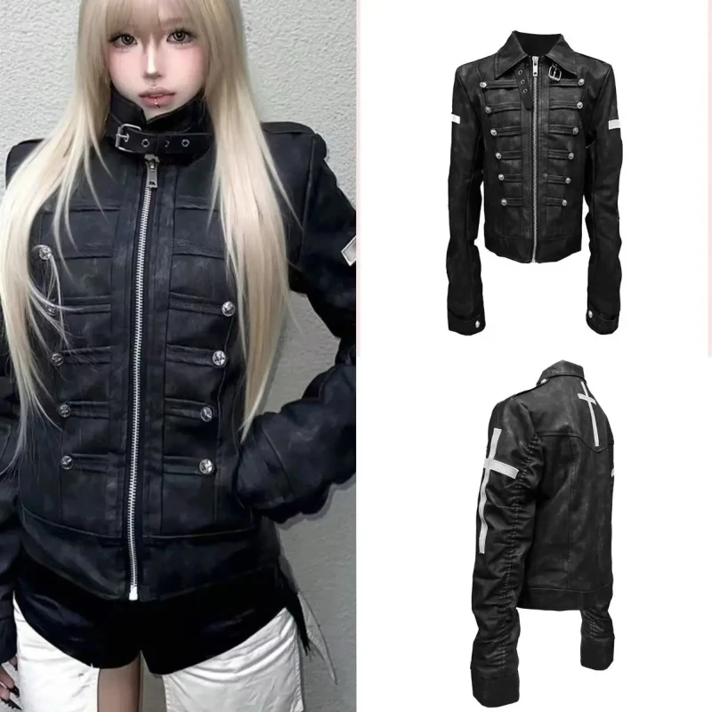 American Vintage Subculture Punk Jacket Long Sleeve Black Coat Slim Gothic Streetwear Casual Outerwear Daily Outfits 2026