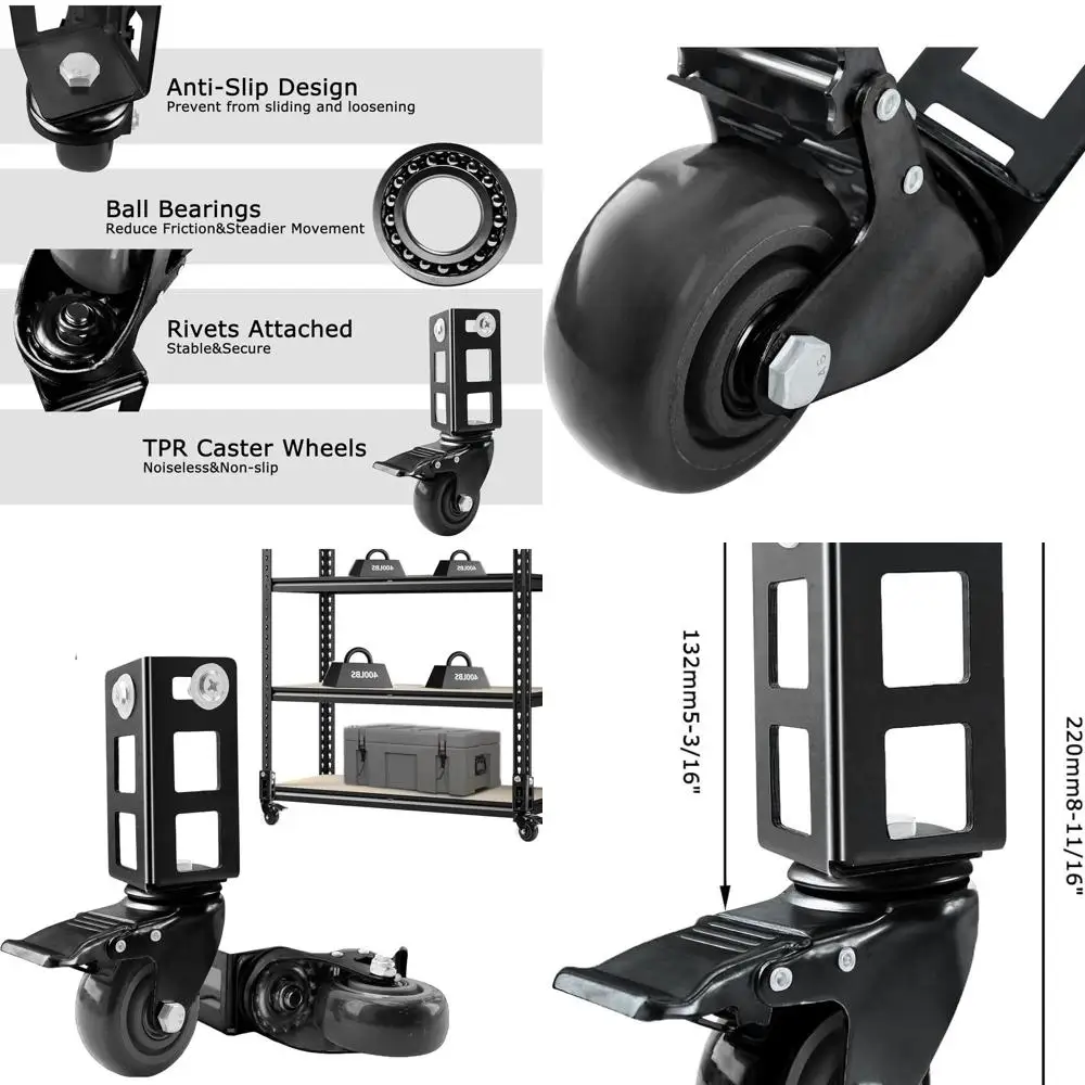 

3 Heavy-Duty Locking Casters for 8-Piece Storage Racks, 500 LB Capacity, Black