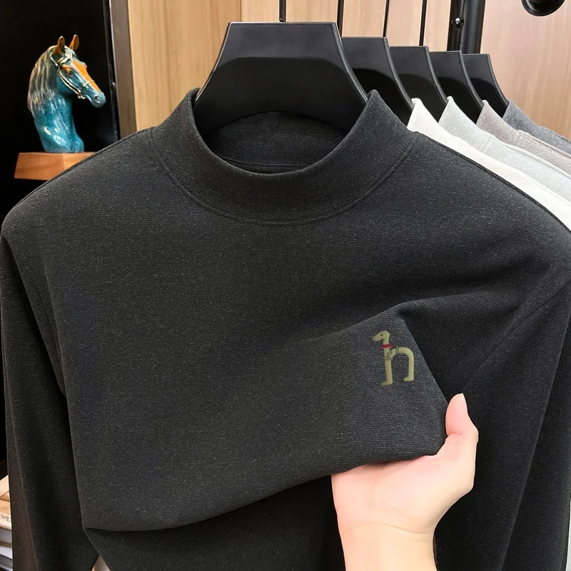 Fashion Trend Men's Printed T-Shirt Autumn Keep Warm Original Casual Mock Neck Long Sleeve Top Base Layer Casual Men's Clothing