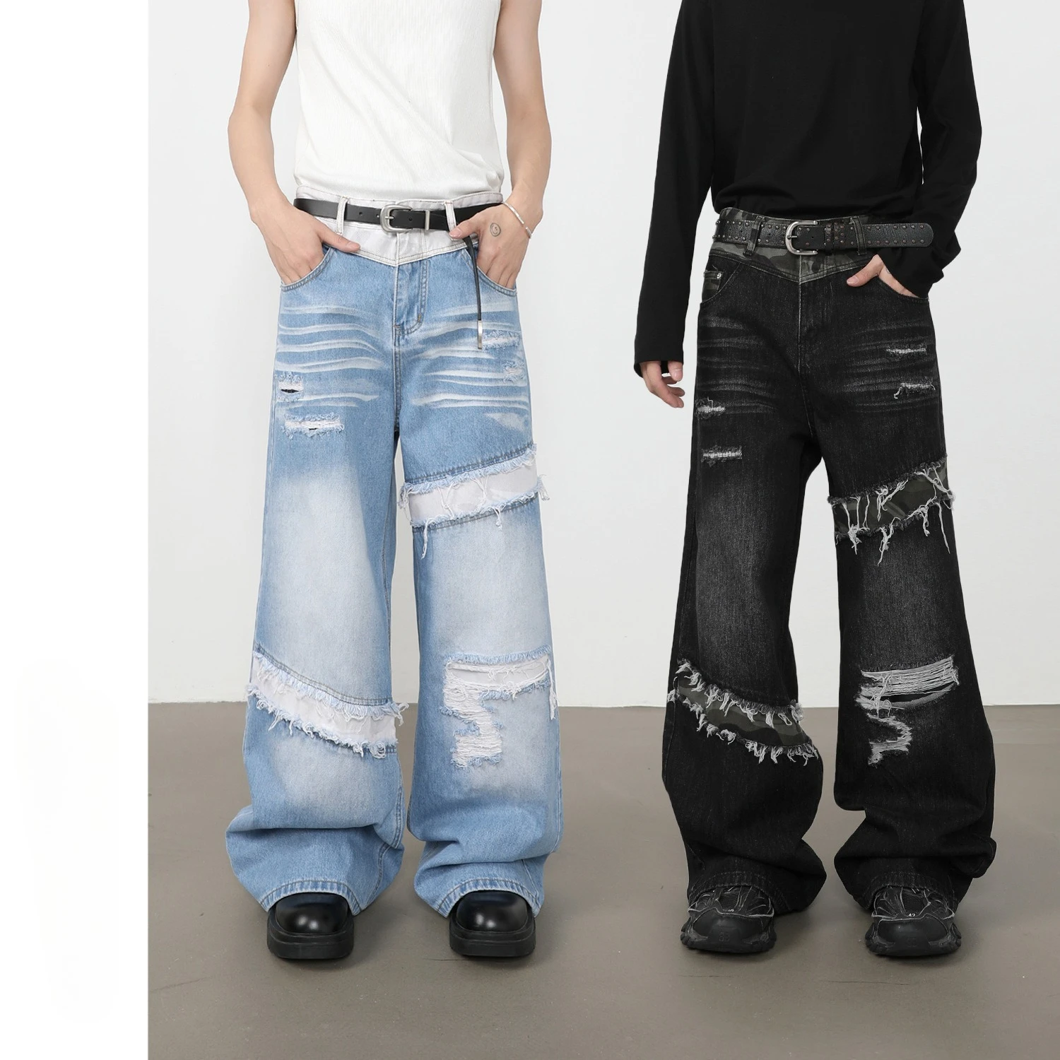 2026 Autumn New American High Street Patch Fake Hole Splicing Fashion Versatile Jeans Men's Loose Straight Pants