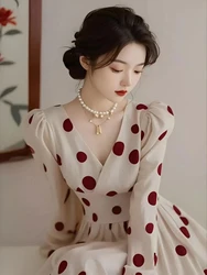 Fashion Dress Women's 2026 Summer New Polka Dot Style Sweet and Slim Ruffle Dress Black V-Neck Dress Lad