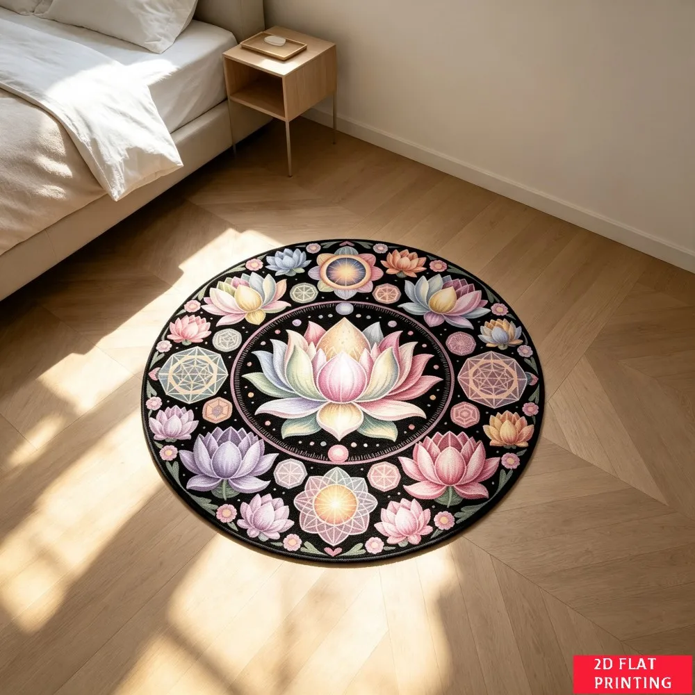 Sacred Geometry Lotus Flower Mandala Black Background Round Carpet For Meditation Or Yoga Space Featuring Spiritual Symbolic