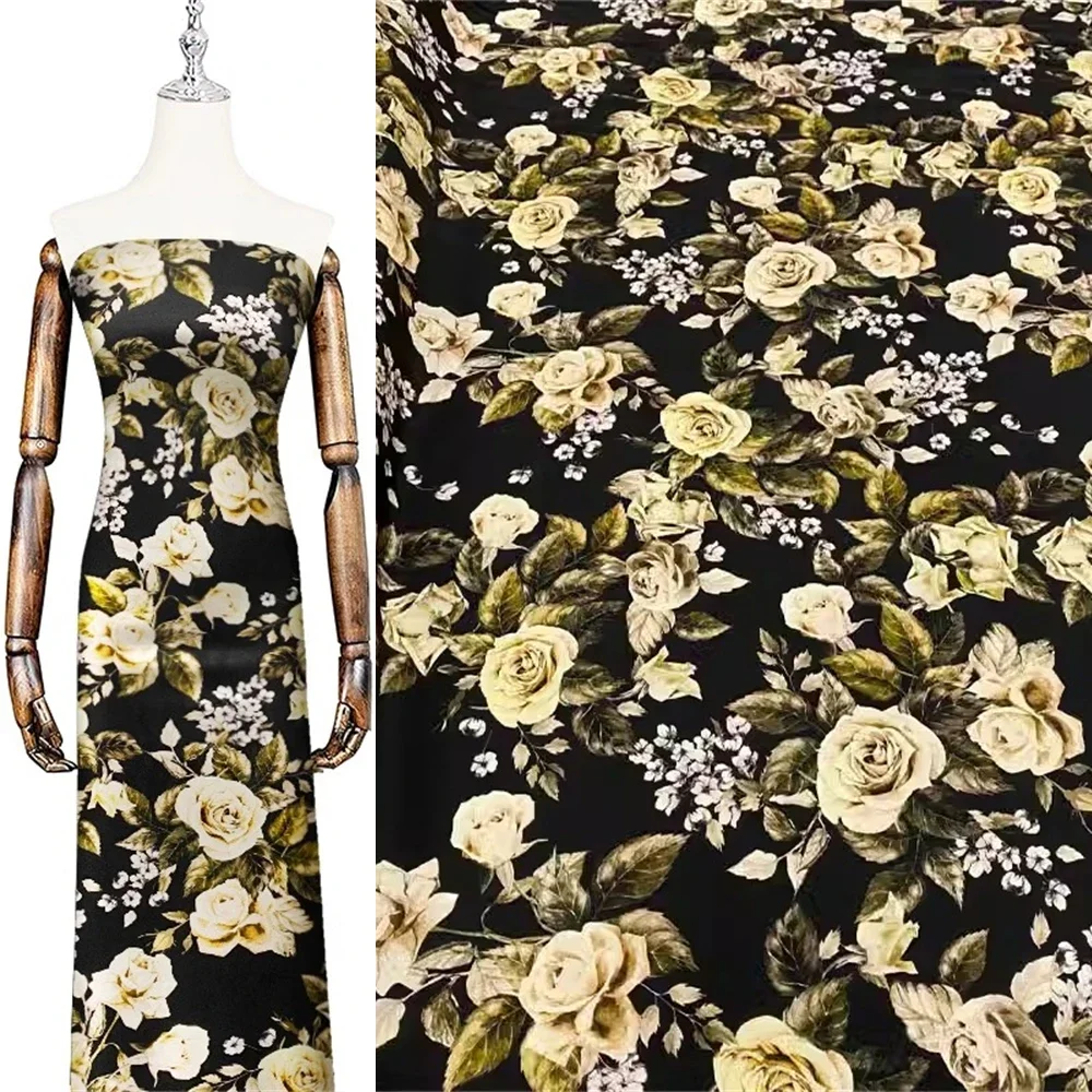 

2024 Fashion Double Crepe Silk Fabric Classic Black Bottom Champagne Rose Breathable Dress Designer High End Brand Cloth Fabric