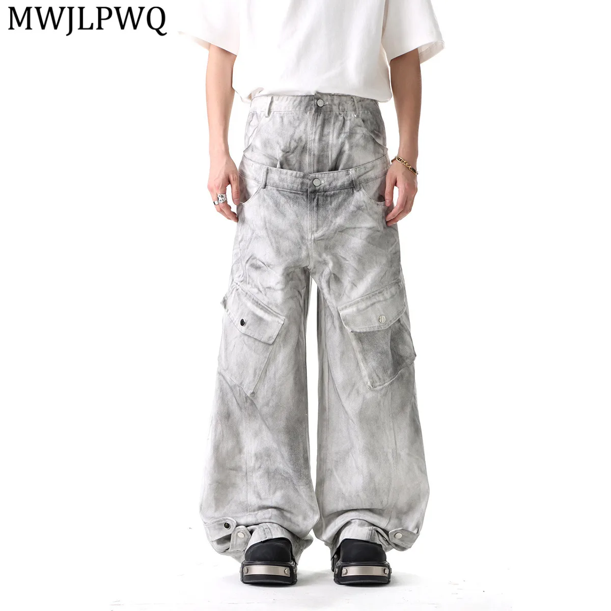 

MWJLPWQ Джинсы с двойной талией, грязные окрашенные джинсы, мужская одежда, нишевые потертые потертые брюки в стиле хип-хоп в американском стиле High Street 21027